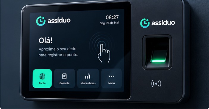 Terminal biométrico Assíduo montado na parede, com o ecrã de registo de ponto